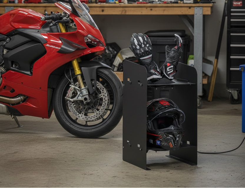 Sèche casque/gants avec équipement demoto dans un garage